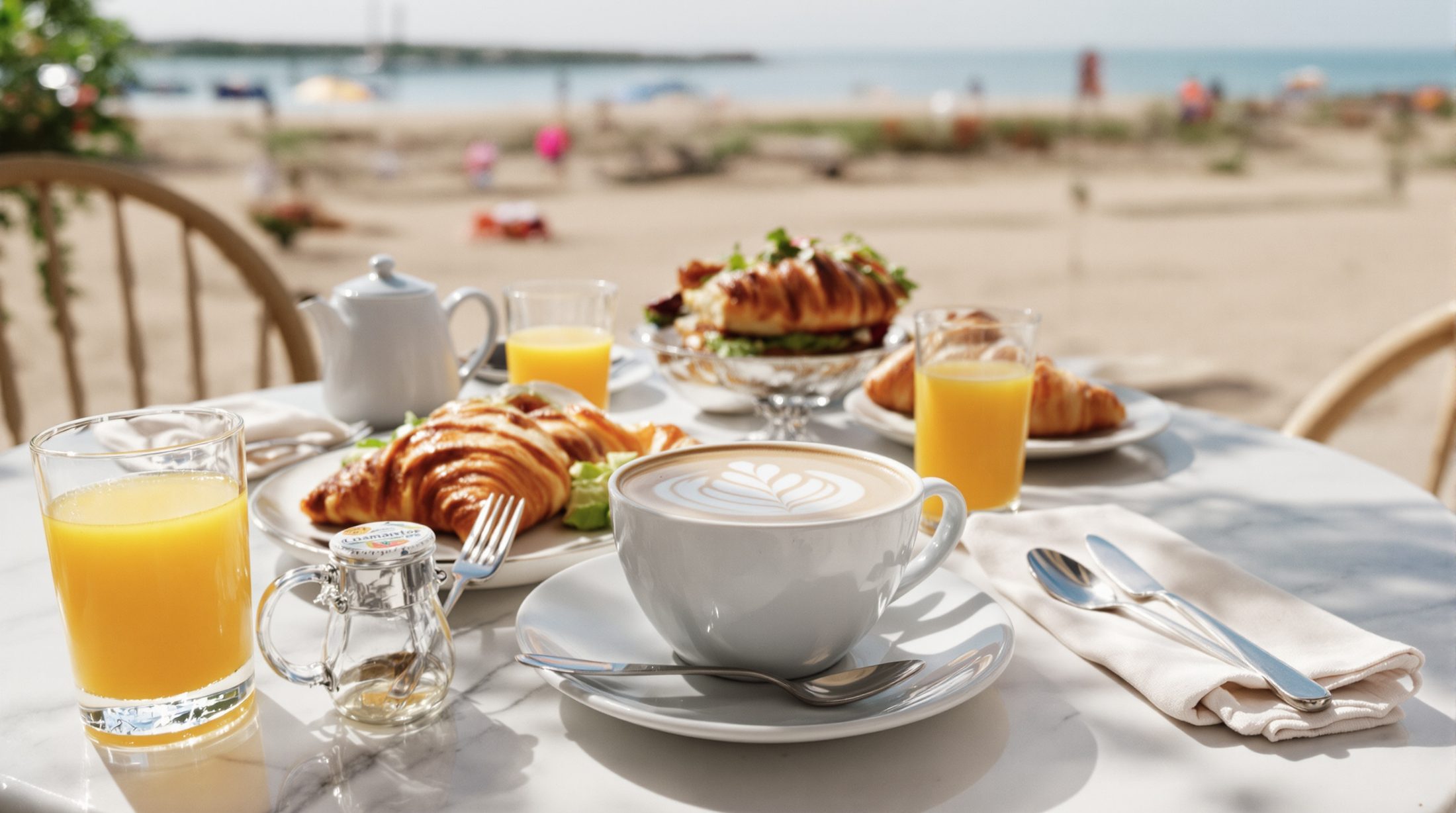Ontbijt met koffie en croissants op een zonnig terras