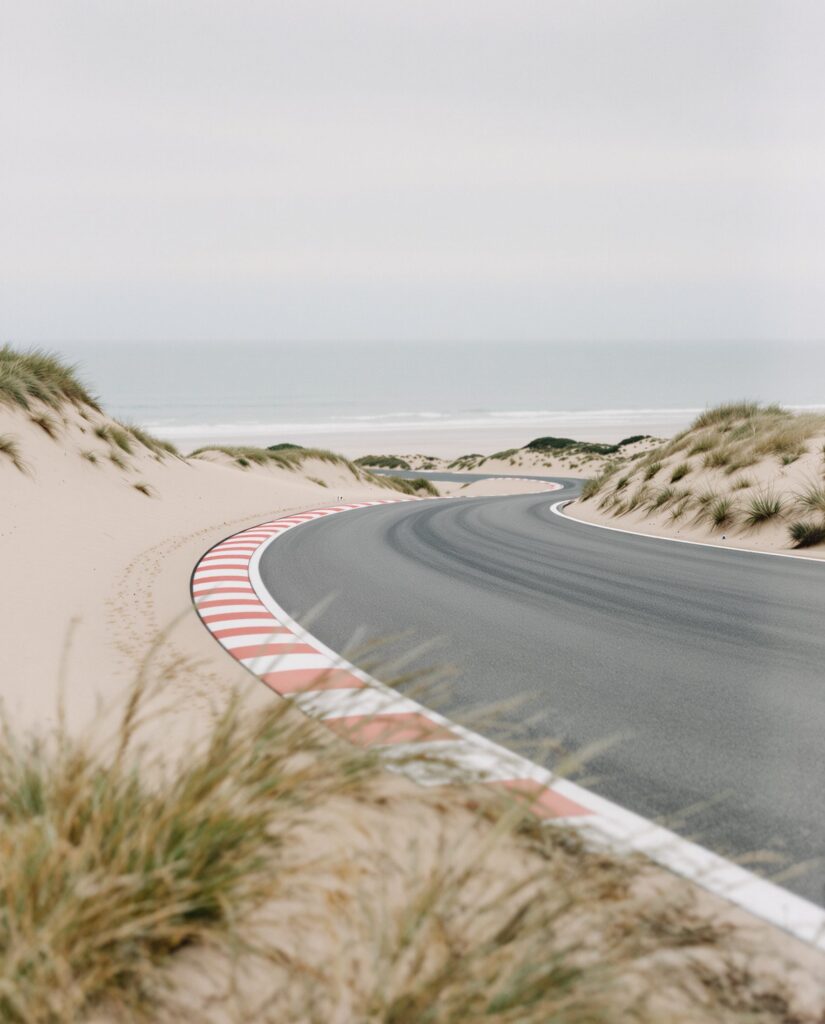 Bocht van een racecircuit tussen de duinen