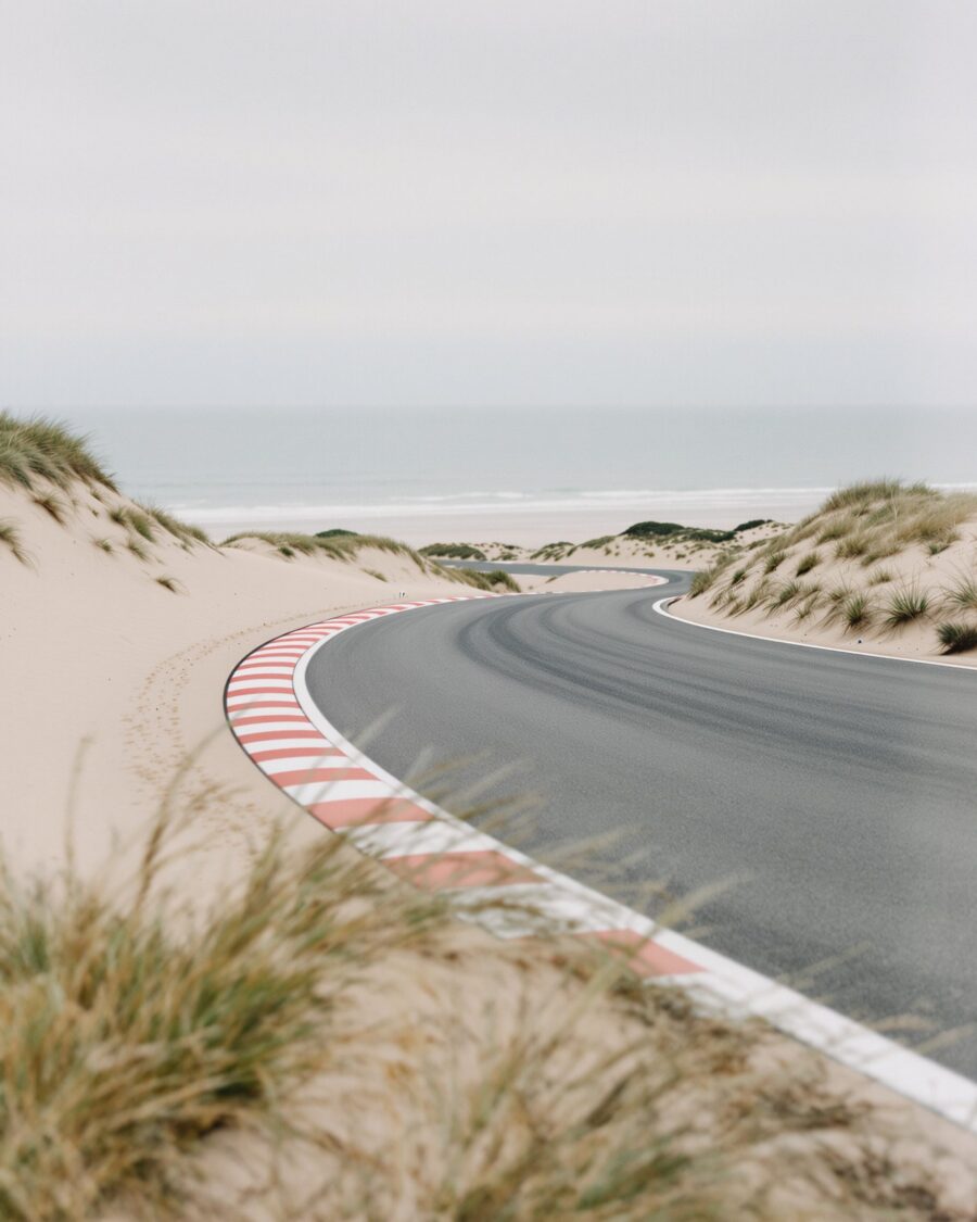 Bocht van een racecircuit tussen de duinen