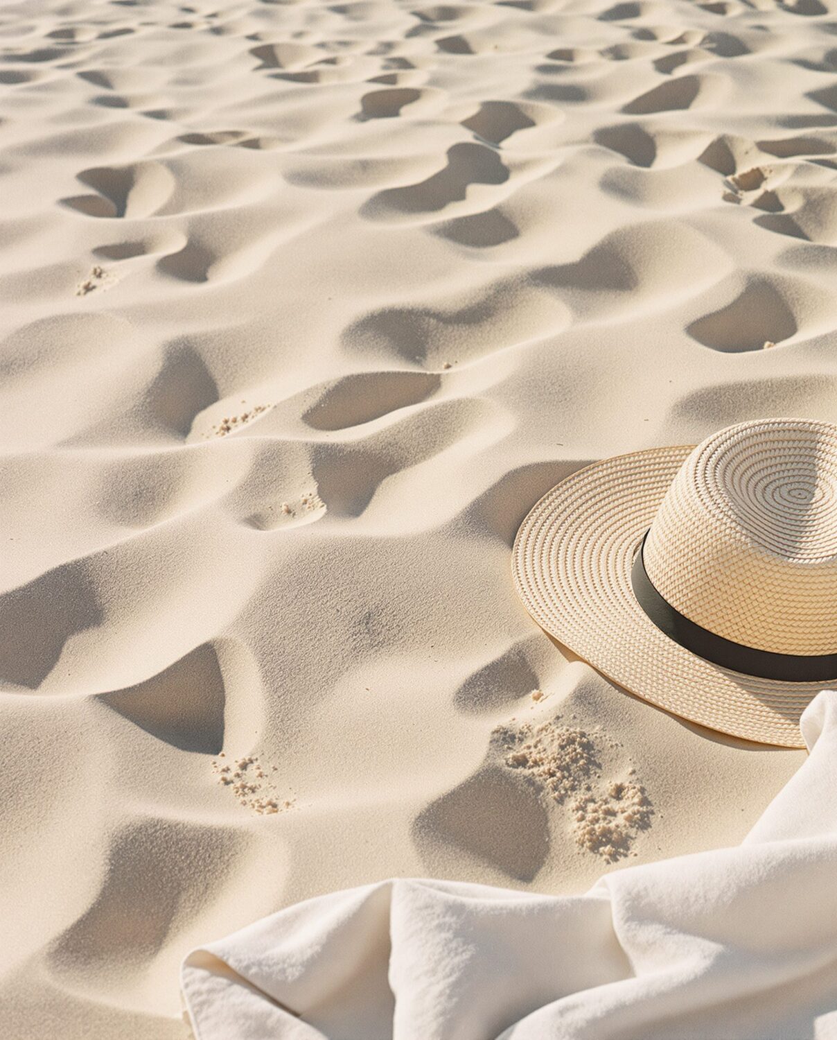 Strohoed en handdoek in het zand